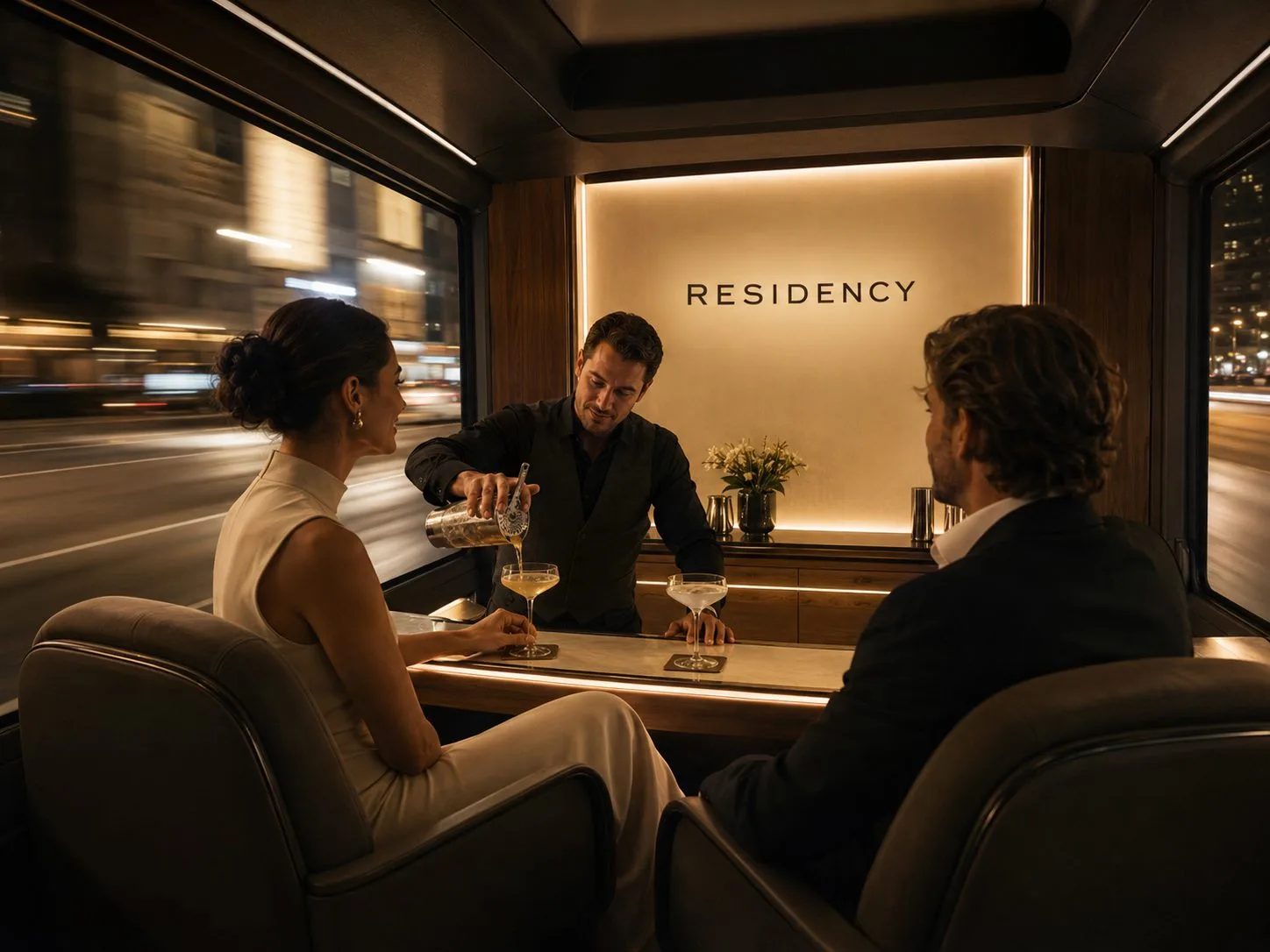Residency, branded Lounge interior, bartender mid-pour